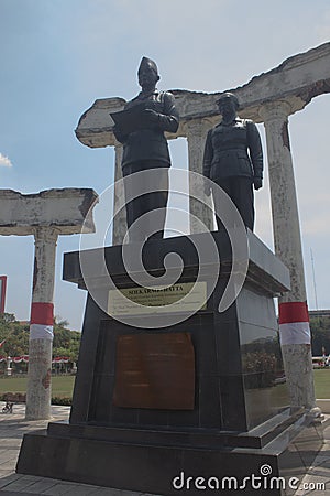 Statue of Soekarno and Hatta reading the Text of the Proclamation at the Heroes Monument in Surabaya. Editorial Stock Photo