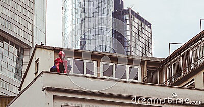 Spiderman and office buildings in Frankfurt Editorial Stock Photo