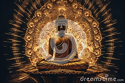Statue of Spiritual Teacher Buddha in Calm Rest Pose with Shining Light on a dark background. Generative AI Stock Photo