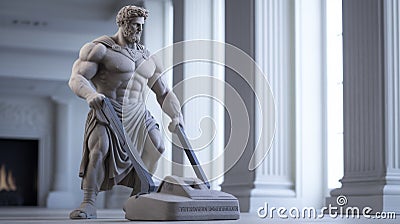 Ancient Greek Marble Man Statue Cleaning Carpet With Dyson Vacuum Cleaner Stock Photo