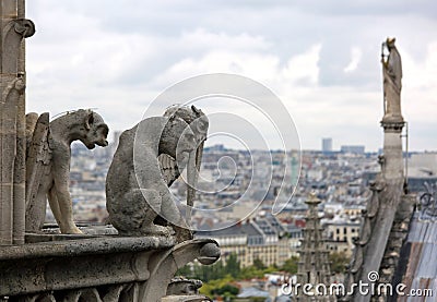 Statue on th Notre Dame in Paris cathedral while observing the c Stock Photo