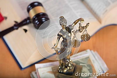 Statue of Themis on a pile of banknotes. Stock Photo