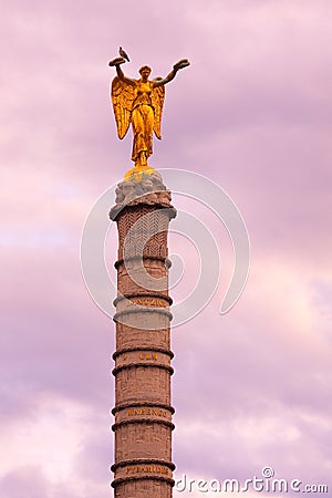 Statue on top of Palmier Fountain at Place du Chatelet square Editorial Stock Photo