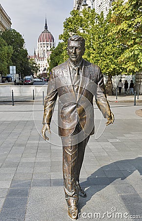Statue of U.S. President Ronald Reagan in Budapest, Hungary. Editorial Stock Photo
