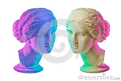 Statue of Venus de Milo. Creative concept colorful neon image with ancient greek sculpture Venus or Aphrodite head Editorial Stock Photo