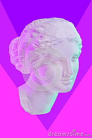 Statue of Venus de Milo. Creative concept colorful neon image with ancient greek sculpture Venus or Aphrodite head Editorial Stock Photo