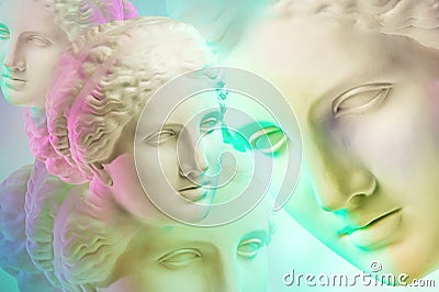 Statue of Venus de Milo. Creative concept colorful neon image with ancient greek sculpture Venus or Aphrodite head Editorial Stock Photo