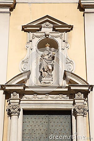 Statue of Virgin Mary with child created by Tobias Kracker above Stock Photo