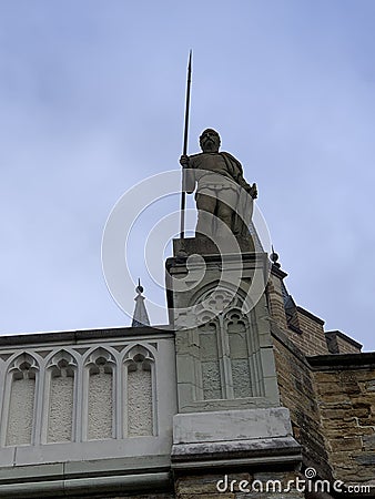 A statue of a warrior with a Speer detail of entrance to the Hohenzollern castle, a Stock Photo