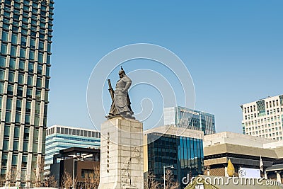 Statue of Yi Sunsin, a famous naval commander, famed for his victories against the Japanese navy during the Imjin war in the Editorial Stock Photo