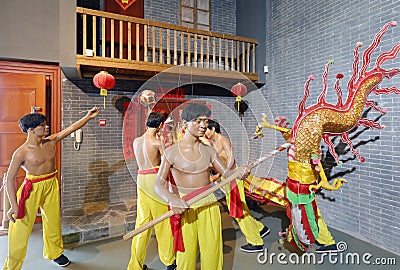 Statue of Zhuang man dangcing Dragon Dance in Anthropology Museum Of Guangxi, adobe rgb Editorial Stock Photo