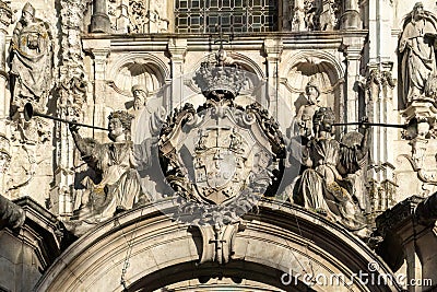 Statues of angels, saints and kings on the facade of the ancient Church of the Holy Cross in Coimbra Stock Photo