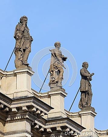 Statues on a balustrade of Concert and gallery center Rudolfinum, Prague Editorial Stock Photo