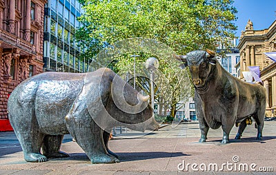 Statues of a bear and a bull in front of Stock Exchange building in Frankfurt, Germany Stock Photo