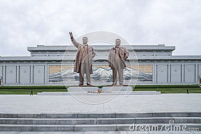 Statues of former Presidents Kim Il Sung and Kim Jong Il, Mansudae Assembly Hall on Mansu Hill, Pyongyang, North Korea Editorial Stock Photo