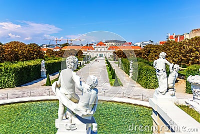 Statues on the fountain and view on Lower Belvedere Palace, Vien Stock Photo