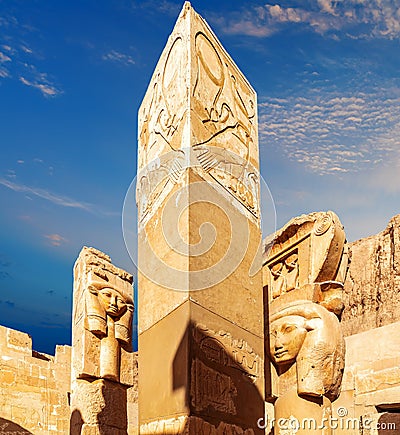 Statues of Goddess Hathor and columns of Mortuary Temple of Hatshepsut, Luxor, Egypt Stock Photo