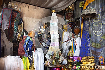 Statues of guardian deities, whose heads are uncovered only during the festival in Diskit Monastery Galdan Tashi Chuling Gompa Editorial Stock Photo