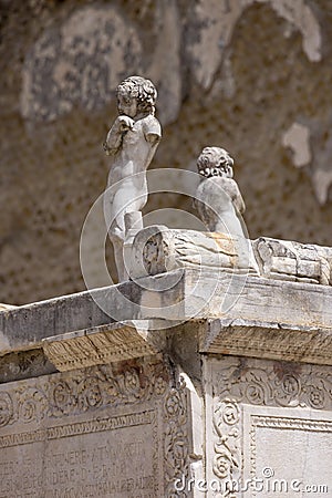 Statues on the pedestal of the monument of Marcus Nonius Balbus, Herculaneum, Campania, Italy Editorial Stock Photo