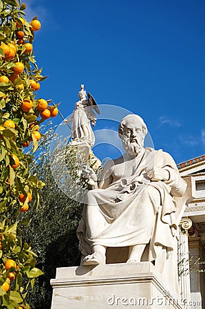 The Statues of Plato and Athena at the Academy of Athens Stock Photo