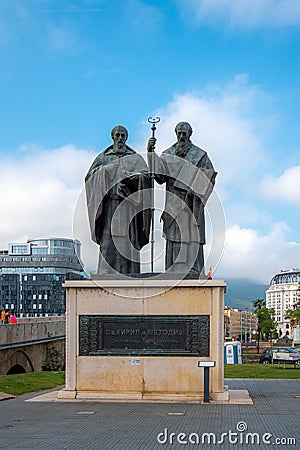 Statues of Saints Cyril and Methodius, City Center of Skopje Editorial Stock Photo