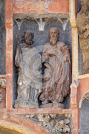 Statues of saints on the portal of the church of St. Mark in Zagreb Stock Photo