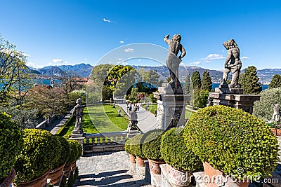 Statues and sculptures decorating the garden of Palazzo Borromeo at Isola Bella in Stresa, Italy Editorial Stock Photo