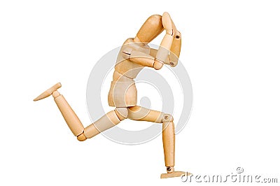 Statuette figure wooden man human makes shows experiences emotional action on a white background Stock Photo