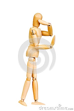 Statuette figure wooden man human makes shows experiences emotional action on a white background. Stock Photo