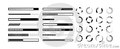 Status bar. Circle and line indicators for upload. Black reboot and loading charts. Infographics of download processes Vector Illustration