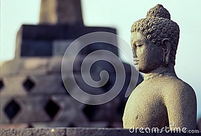 Statute of Buddha in Borobodur temple district, Java, Indonesien Stock Photo