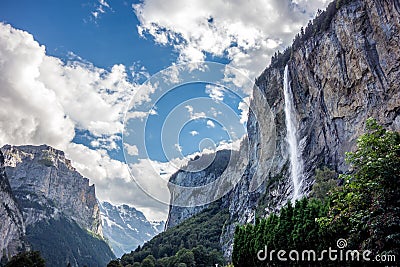 Staubbach waterfall in Lauterbrunnen village Switzerland Stock Photo