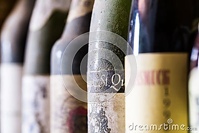 Dusty wine bottles on by one Stock Photo