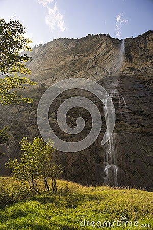 Staunbach Falls in Lauterbrunnen. Waterfall in the Alps. Swiss Alps. Alpine mountains Stock Photo