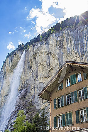 Staunbach Falls in Lauterbrunnen. Waterfall in the Alps. Swiss Alps. Alpine Stock Photo