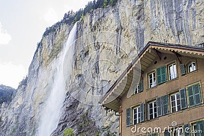 Staunbach Falls in Lauterbrunnen. Waterfall in the Alps. Swiss Alps. Alpine Stock Photo