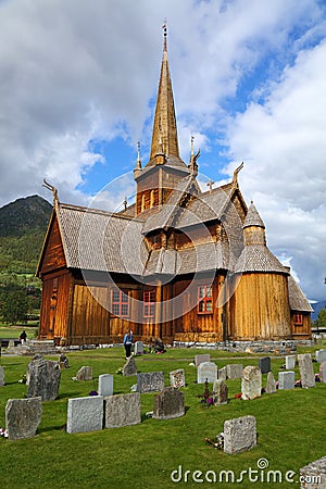 Stave church in Lom, Norway Editorial Stock Photo