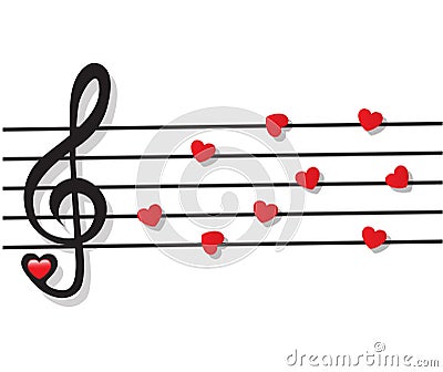 Stave with heart notes and treble clef Vector Illustration