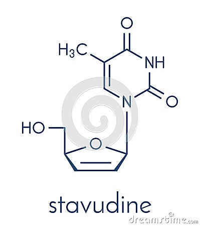 Stavudine d4T HIV drug molecule. Thymidine analog that blocks reverse-transcriptase. Skeletal formula. Vector Illustration