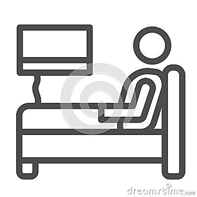 Stay in bed with flu line icon, Home treatment in covid-19 concept, Sick man lying in bed sign on white background, bed Vector Illustration