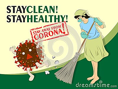 Woman in masker sweeping and cleaning the house with broom to stay away from Corona Virus Covid19 vector clip art Vector Illustration