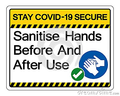 Stay Covid-19 Secure Sanitise Hands Before And After Use Symbol Sign, Vector Illustration, Isolate On White Background Label. Vector Illustration