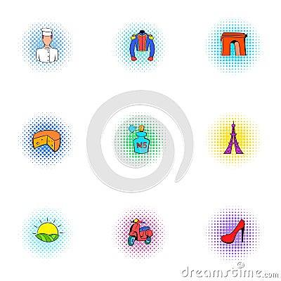 Stay in France icons set, pop-art style Vector Illustration