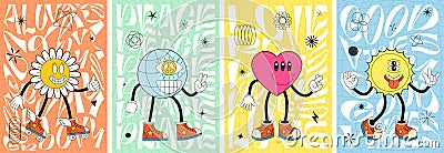 Stay groovy, peace, love rules and good vibes art poster set. Sun, peace sign, flower daisy and heart retro characters Vector Illustration