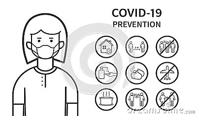 Coronavirus COVID-19 Prevention concept. Flat line icons set. Social distancing, Stay at home, Avoid crowds, Wash hands. Vector Illustration