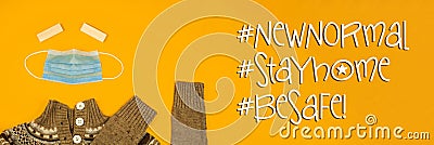 Stay home and be safe hashtags creative flat lay banner on a yellow background, new normal idea Stock Photo