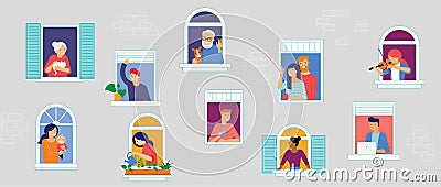 Stay at home, concept design. Different types of people, family, neighbors in their own houses. Self isolation Vector Illustration