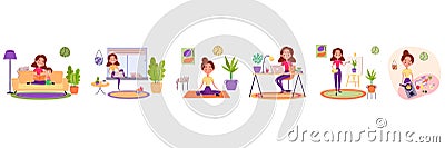 Stay home concept. Girl takes care for children, working remotely, doing yoga, drawing and cooking. Stock Photo