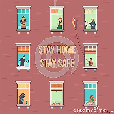 Stay home concept. House facade with windows, people look out of apartment, characters doing hobbies during quarantine Vector Illustration