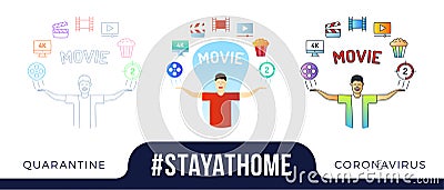 Stay at home concept illustration. character with his hands up and video production cinema movie doodle icon above the head. Vector Illustration